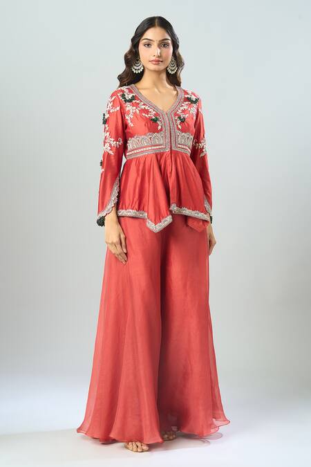 Shop Prisho Red Chiffon Lace, Embroidery V-neck Floral Vine Peplum Tunic And Sharara Online at Aza Fashions Shop_Prisho_Red Chiffon Lace, Embroidery V-neck Floral Vine Peplum Tunic And Sharara _Online_at_Aza_Fashions
