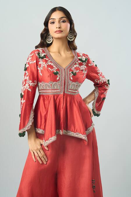 Buy Prisho Red Chiffon Lace, Embroidery V-neck Floral Vine Peplum Tunic And Sharara Buy_Prisho_Red Chiffon Lace, Embroidery V-neck Floral Vine Peplum Tunic And Sharara