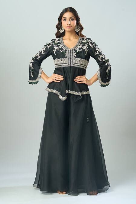 Prisho_Black Chiffon Lace, Embroidery V-neck Floral Vine Peplum Tunic And Sharara Set _Online_at_Aza_Fashions
