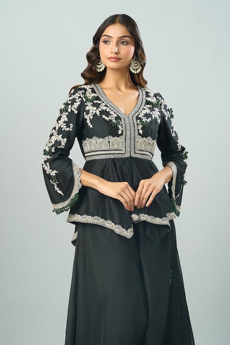 Buy_Prisho_Black Chiffon Lace, Embroidery V-neck Floral Vine Peplum Tunic And Sharara Set _Online_at_Aza_Fashions