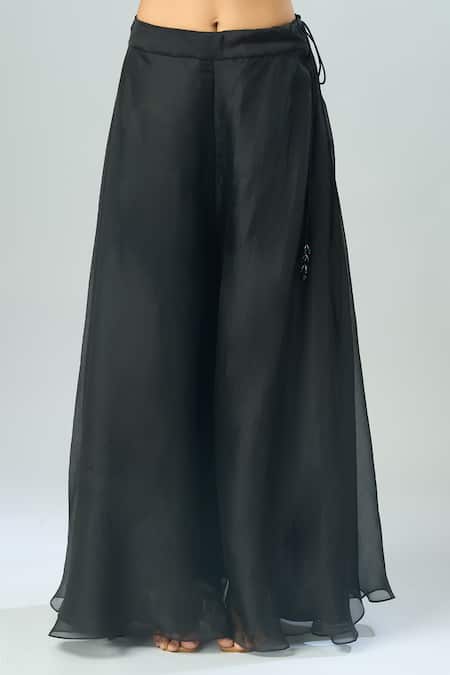 Shop_Prisho_Black Chiffon Lace, Embroidery V-neck Floral Vine Peplum Tunic And Sharara Set _Online_at_Aza_Fashions