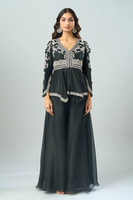 Prisho_Black Chiffon Lace, Embroidery V-neck Floral Vine Peplum Tunic And Sharara Set _at_Aza_Fashions