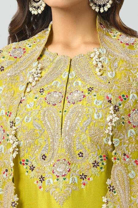 Shop_Prisho_Green Chiffon, Georgette Embroidery Round Neck Floral Kurta Set With Cape _Online_at_Aza_Fashions