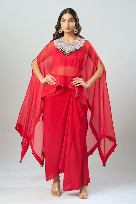 Prisho_Red Organza Beads Round Neck, Dori Embroidered Kaftan And Solid Bustier Set _Online_at_Aza_Fashions