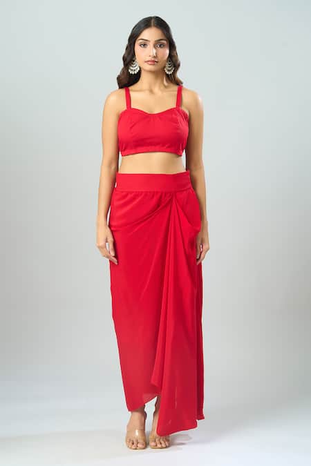 Buy_Prisho_Red Organza Beads Round Neck, Dori Embroidered Kaftan And Solid Bustier Set _Online_at_Aza_Fashions