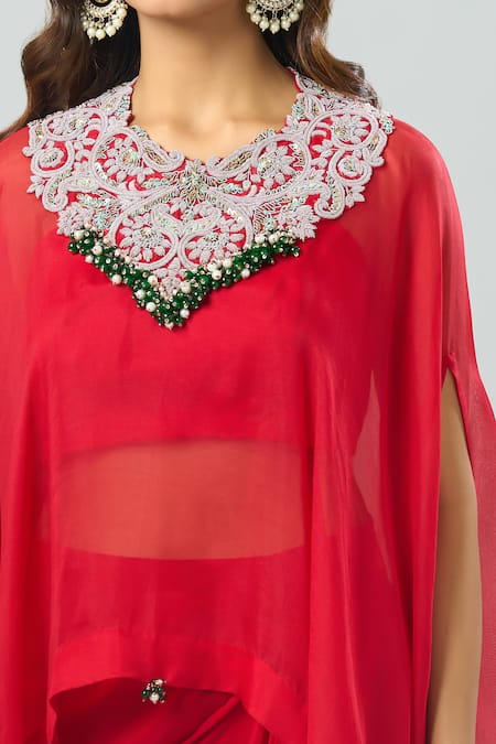 Shop_Prisho_Red Organza Beads Round Neck, Dori Embroidered Kaftan And Solid Bustier Set _Online_at_Aza_Fashions