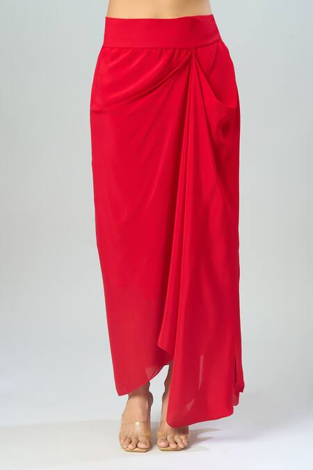 Prisho_Red Organza Beads Round Neck, Dori Embroidered Kaftan And Solid Bustier Set _at_Aza_Fashions