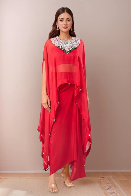 Prisho Red Organza Beads Round Neck, Dori Embroidered Kaftan And Solid Bustier Set