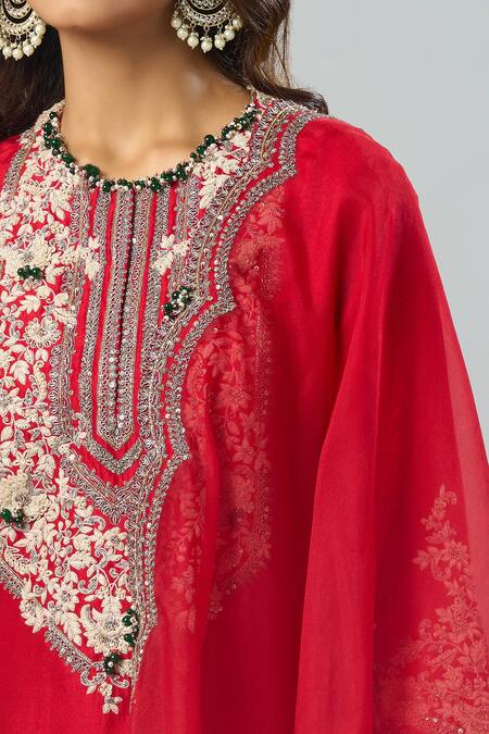 Prisho Red Chiffon Embroidery Round Neck Floral Resham Kurta Sharara Set Online at Aza Fashions Prisho_Red Chiffon Embroidery Round Neck Floral Resham Kurta Sharara Set _Online_at_Aza_Fashions