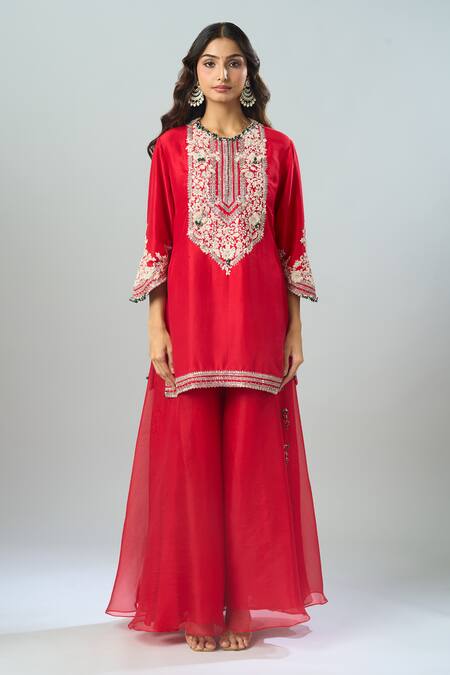 Buy Prisho Red Chiffon Embroidery Round Neck Floral Resham Kurta Sharara Set Online at Aza Fashions Buy_Prisho_Red Chiffon Embroidery Round Neck Floral Resham Kurta Sharara Set _Online_at_Aza_Fashions