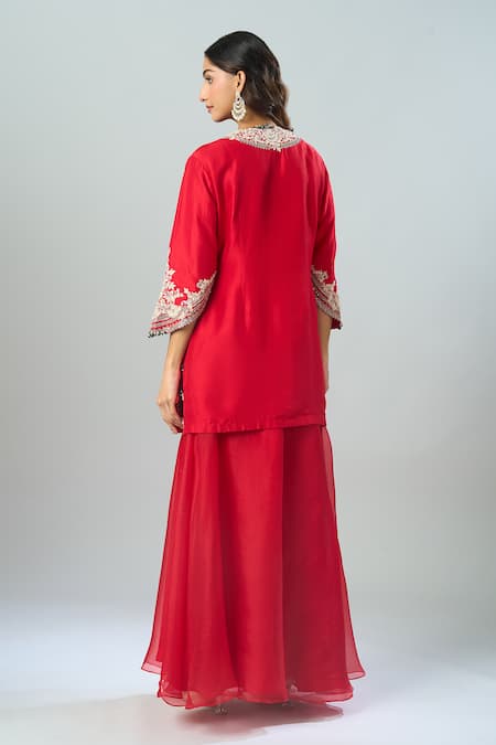 Shop Prisho Red Chiffon Embroidery Round Neck Floral Resham Kurta Sharara Set at Aza Fashions Shop_Prisho_Red Chiffon Embroidery Round Neck Floral Resham Kurta Sharara Set _at_Aza_Fashions