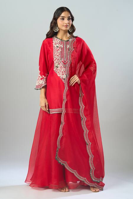 Shop Prisho Red Chiffon Embroidery Round Neck Floral Resham Kurta Sharara Set Online at Aza Fashions Shop_Prisho_Red Chiffon Embroidery Round Neck Floral Resham Kurta Sharara Set _Online_at_Aza_Fashions