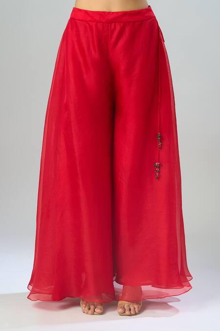 Prisho Red Chiffon Embroidery Round Neck Floral Resham Kurta Sharara Set at Aza Fashions Prisho_Red Chiffon Embroidery Round Neck Floral Resham Kurta Sharara Set _at_Aza_Fashions