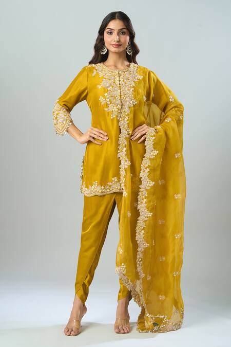 Prisho Yellow Chiffon Embroidery Round Neck Mustard Resham Kurta Set Online at Aza Fashions Prisho_Yellow Chiffon Embroidery Round Neck Mustard Resham Kurta Set _Online_at_Aza_Fashions