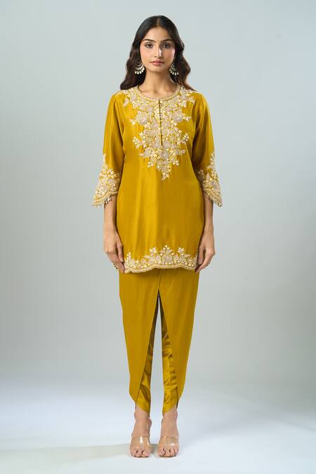 Buy Prisho Yellow Chiffon Embroidery Round Neck Mustard Resham Kurta Set Online at Aza Fashions Buy_Prisho_Yellow Chiffon Embroidery Round Neck Mustard Resham Kurta Set _Online_at_Aza_Fashions