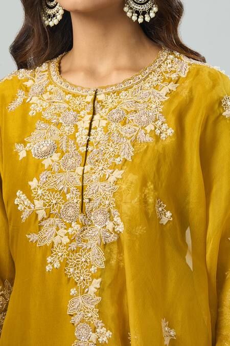 Prisho Yellow Chiffon Embroidery Round Neck Mustard Resham Kurta Set at Aza Fashions Prisho_Yellow Chiffon Embroidery Round Neck Mustard Resham Kurta Set _at_Aza_Fashions
