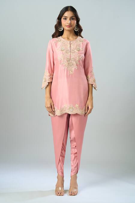 Buy Prisho Pink Chiffon Embroidery Round Neck Kurta Dhoti Pant Set Online at Aza Fashions Buy_Prisho_Pink Chiffon Embroidery Round Neck Kurta Dhoti Pant Set _Online_at_Aza_Fashions