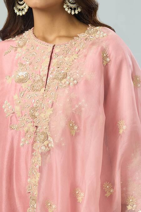 Shop Prisho Pink Chiffon Embroidery Round Neck Kurta Dhoti Pant Set Online at Aza Fashions Shop_Prisho_Pink Chiffon Embroidery Round Neck Kurta Dhoti Pant Set _Online_at_Aza_Fashions
