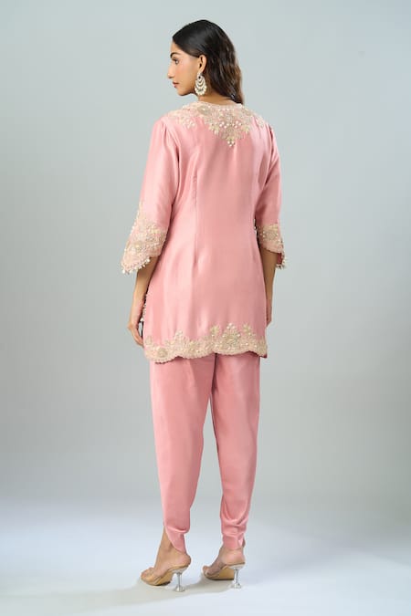 Shop Prisho Pink Chiffon Embroidery Round Neck Kurta Dhoti Pant Set at Aza Fashions Shop_Prisho_Pink Chiffon Embroidery Round Neck Kurta Dhoti Pant Set _at_Aza_Fashions