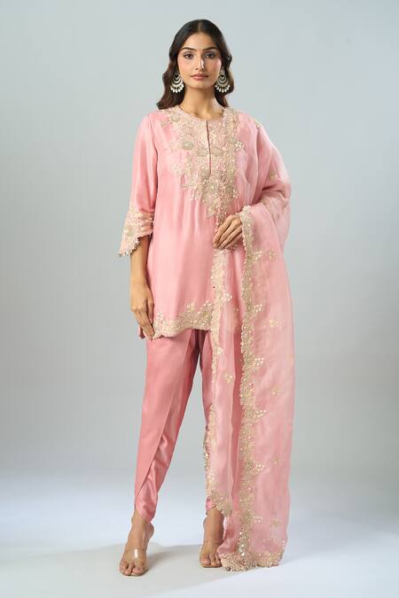 Prisho Pink Chiffon Embroidery Round Neck Kurta Dhoti Pant Set at Aza Fashions Prisho_Pink Chiffon Embroidery Round Neck Kurta Dhoti Pant Set _at_Aza_Fashions