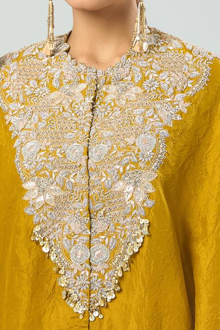 Buy_Prisho_Yellow Cotton Sequins Round Neck Lampi Embroidered Kaftan And Pant Set _Online_at_Aza_Fashions