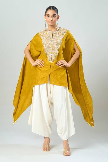 Prisho_Yellow Cotton Sequins Round Neck Lampi Embroidered Kaftan And Pant Set _at_Aza_Fashions