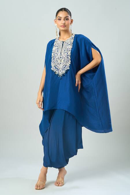 Prisho_Blue Embroidery Round Neck Lampi Kaftan And Draped Pant _Online_at_Aza_Fashions