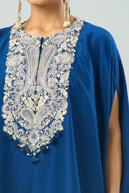 Buy_Prisho_Blue Embroidery Round Neck Lampi Kaftan And Draped Pant _Online_at_Aza_Fashions