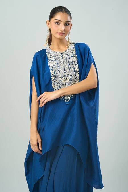 Shop_Prisho_Blue Embroidery Round Neck Lampi Kaftan And Draped Pant _Online_at_Aza_Fashions