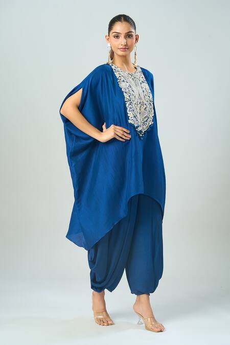 Prisho_Blue Embroidery Round Neck Lampi Kaftan And Draped Pant _at_Aza_Fashions