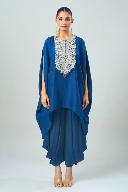 Buy_Prisho_Blue Embroidery Round Neck Lampi Kaftan And Draped Pant 