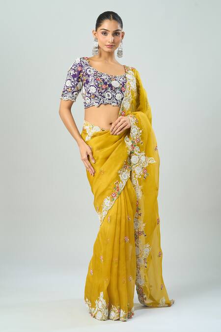 Prisho_Purple Cotton Embroidery Round Neck Floral Dori Saree Set _Online_at_Aza_Fashions