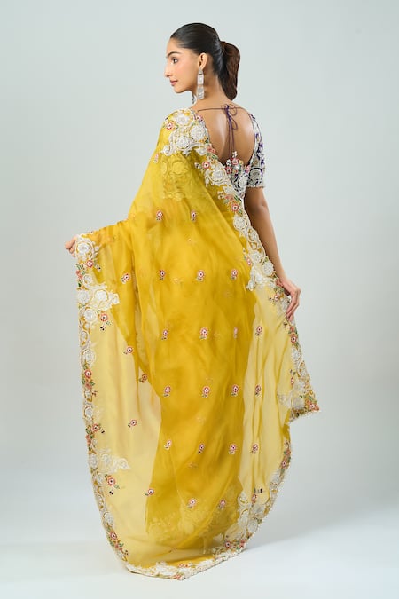 Shop_Prisho_Purple Cotton Embroidery Round Neck Floral Dori Saree Set _at_Aza_Fashions