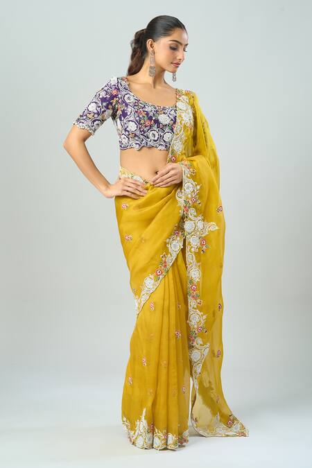 Buy_Prisho_Purple Cotton Embroidery Round Neck Floral Dori Saree Set _Online_at_Aza_Fashions