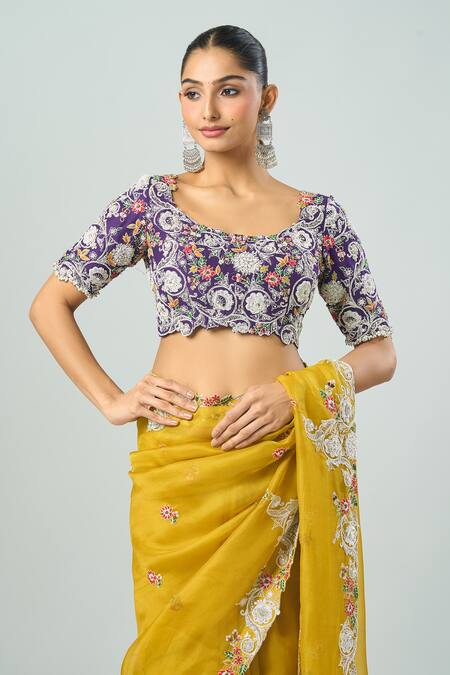 Shop_Prisho_Purple Cotton Embroidery Round Neck Floral Dori Saree Set _Online_at_Aza_Fashions