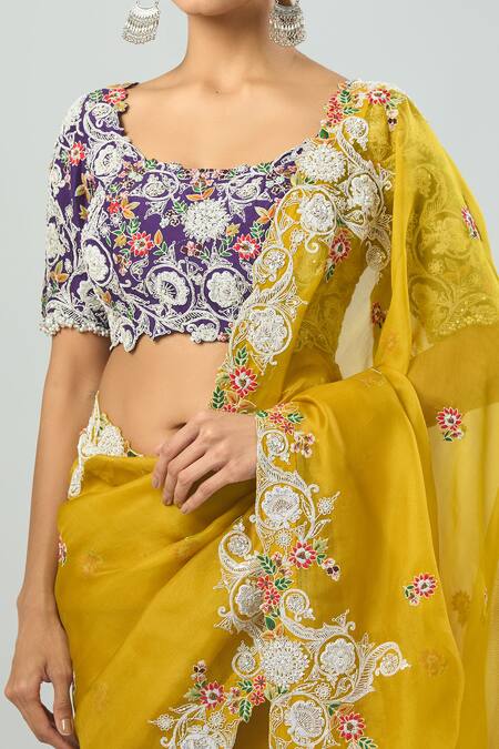 Prisho_Purple Cotton Embroidery Round Neck Floral Dori Saree Set _at_Aza_Fashions