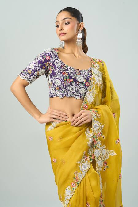 Buy_Prisho_Purple Cotton Embroidery Round Neck Floral Dori Saree Set 