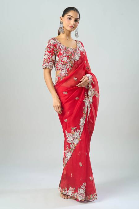 Prisho_Red Embroidery Round Neck Floral Saree Set _Online_at_Aza_Fashions