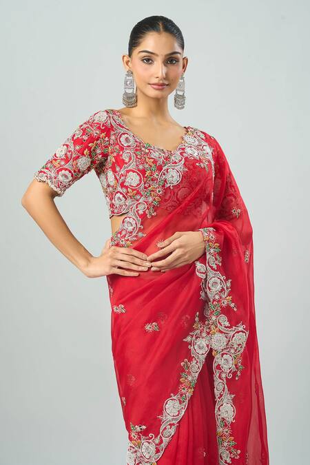 Buy_Prisho_Red Embroidery Round Neck Floral Saree Set _Online_at_Aza_Fashions