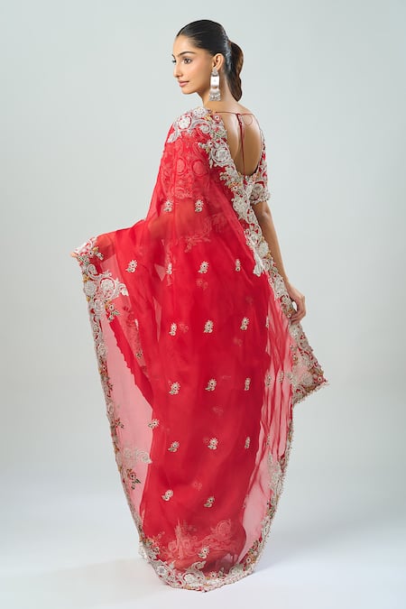 Shop_Prisho_Red Embroidery Round Neck Floral Saree Set _at_Aza_Fashions