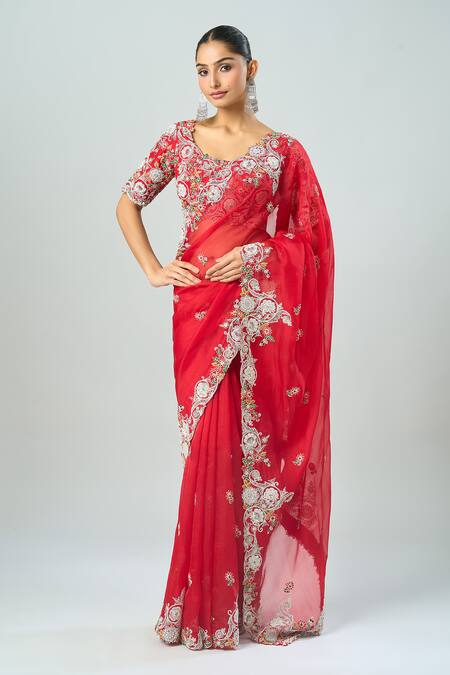 Shop_Prisho_Red Embroidery Round Neck Floral Saree Set _Online_at_Aza_Fashions