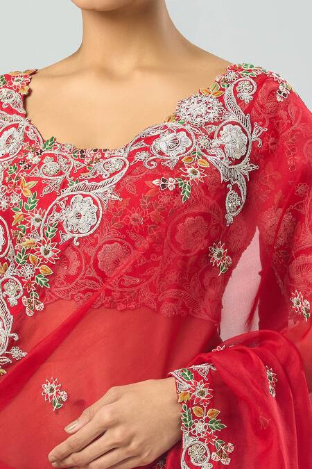Prisho_Red Embroidery Round Neck Floral Saree Set _at_Aza_Fashions