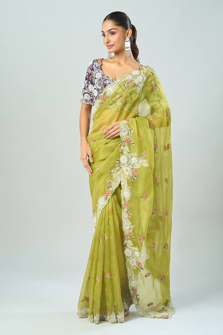 Buy_Prisho_Green Chiffon Embroidery Round Neck Floral Dori Saree Set _Online_at_Aza_Fashions