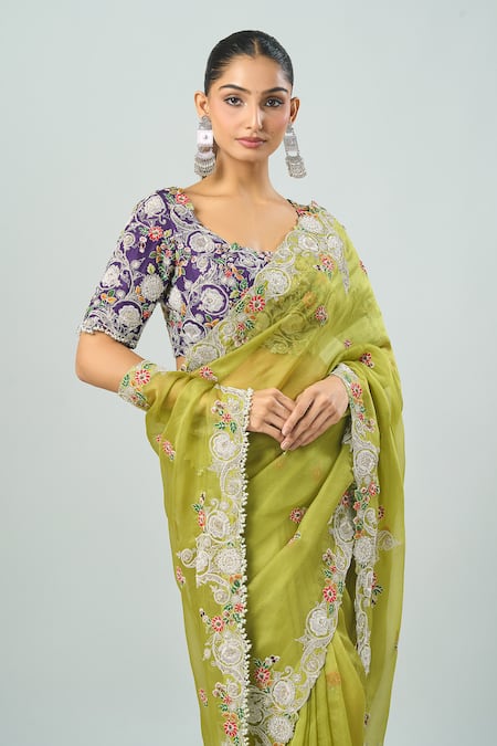 Shop_Prisho_Green Chiffon Embroidery Round Neck Floral Dori Saree Set _Online_at_Aza_Fashions