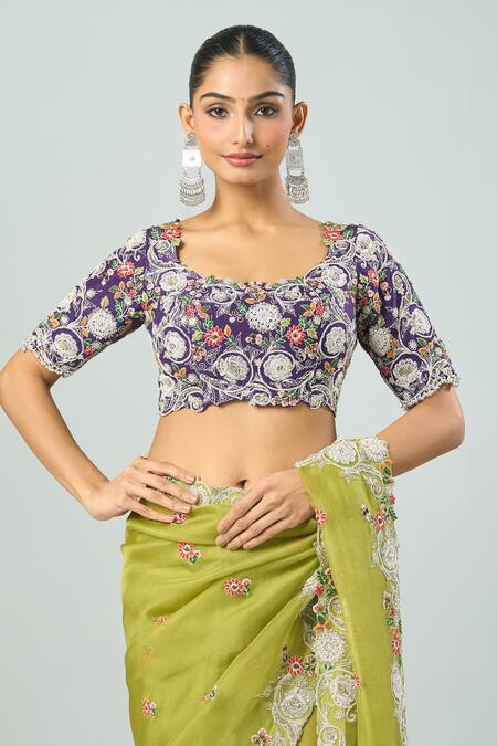 Buy_Prisho_Green Chiffon Embroidery Round Neck Floral Dori Saree Set 