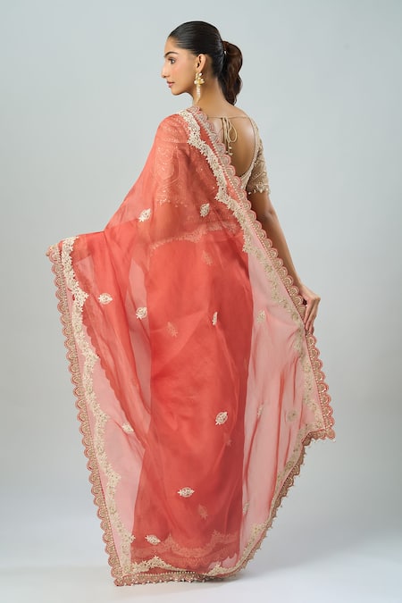 Shop Prisho Beige Silk Embroidery Round Neck Dori Floral Saree And Blouse Set at Aza Fashions Shop_Prisho_Beige Silk Embroidery Round Neck Dori Floral Saree And Blouse Set _at_Aza_Fashions