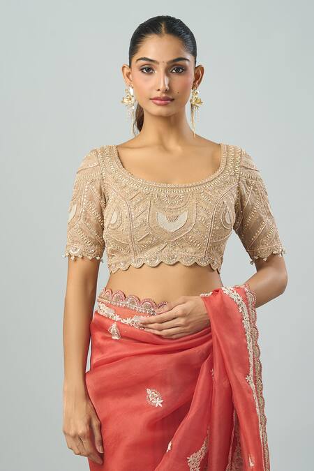 Prisho Beige Silk Embroidery Round Neck Dori Floral Saree And Blouse Set Online at Aza Fashions Prisho_Beige Silk Embroidery Round Neck Dori Floral Saree And Blouse Set _Online_at_Aza_Fashions