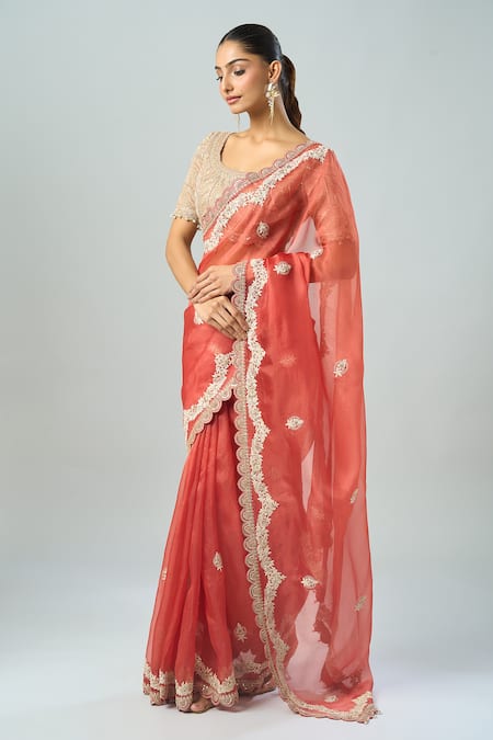 Buy Prisho Beige Silk Embroidery Round Neck Dori Floral Saree And Blouse Set Online at Aza Fashions Buy_Prisho_Beige Silk Embroidery Round Neck Dori Floral Saree And Blouse Set _Online_at_Aza_Fashions