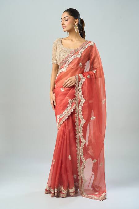 Shop Prisho Beige Silk Embroidery Round Neck Dori Floral Saree And Blouse Set Online at Aza Fashions Shop_Prisho_Beige Silk Embroidery Round Neck Dori Floral Saree And Blouse Set _Online_at_Aza_Fashions
