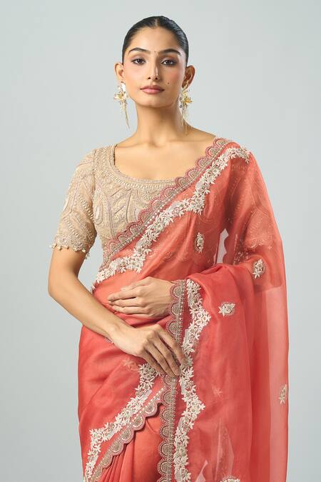 Prisho Beige Silk Embroidery Round Neck Dori Floral Saree And Blouse Set at Aza Fashions Prisho_Beige Silk Embroidery Round Neck Dori Floral Saree And Blouse Set _at_Aza_Fashions